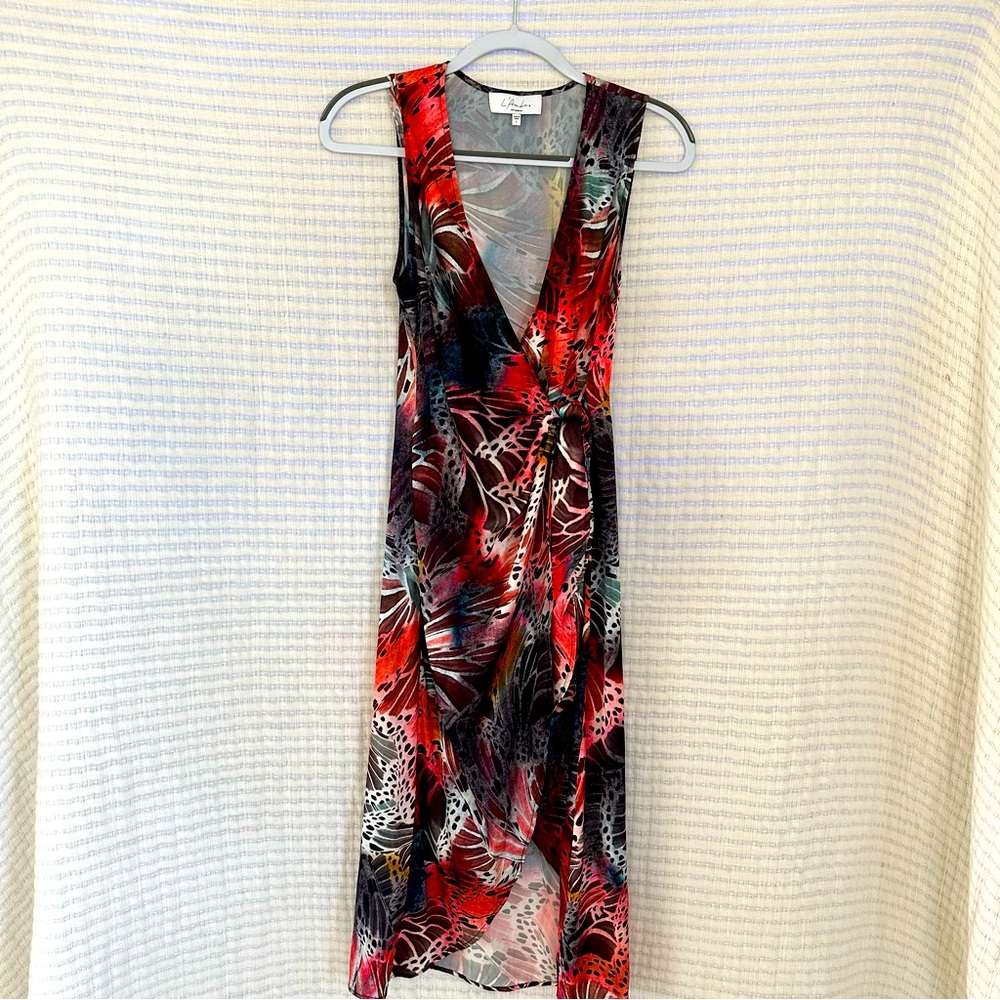 Revolve | L'Academie | Colorful Abstract Butterfly Satin Midi Wrap Dress